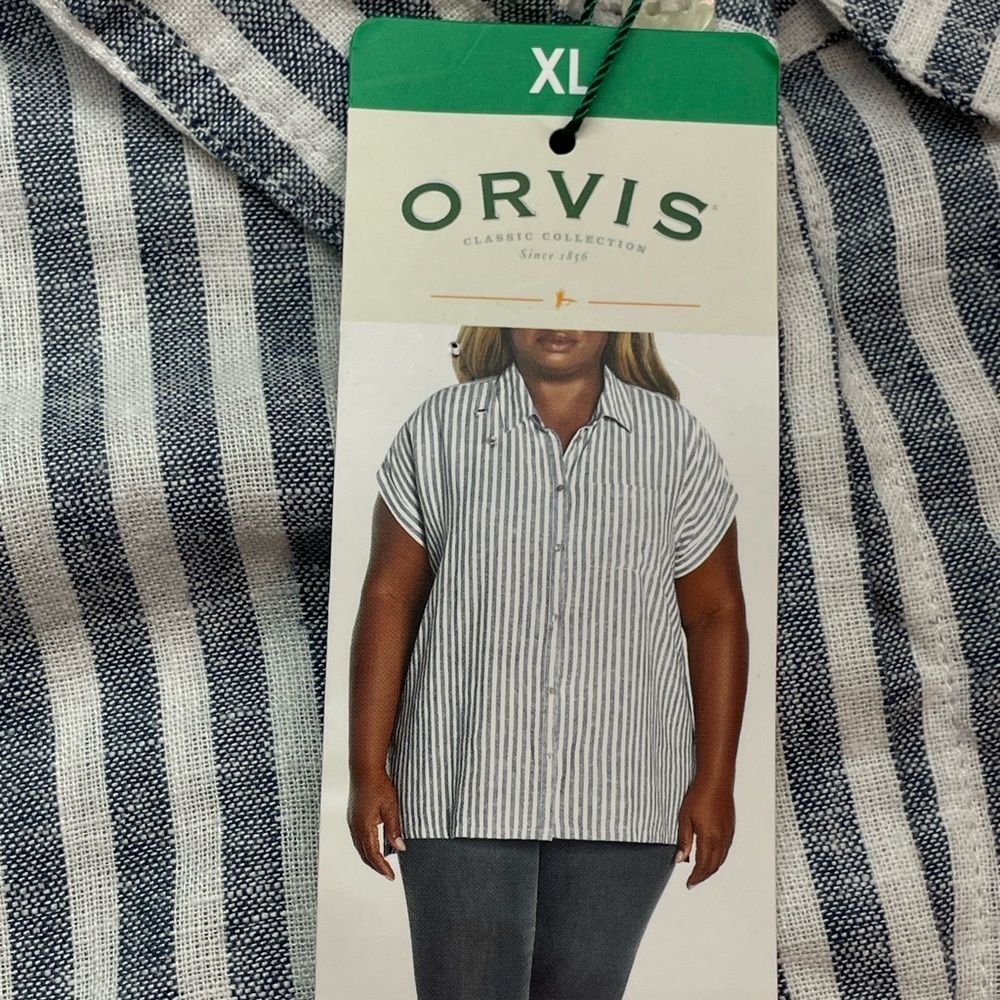 Orvis Women's Button-Up Short Sleeves Chest Pocket Blouse, Blue Stripe, Size XL - Picture 8 of 12